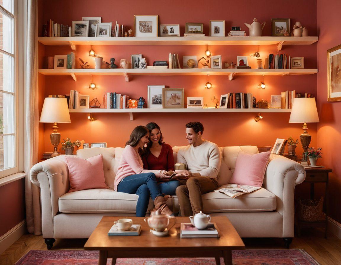 A warm and inviting scene depicting a couple sitting on a cozy couch, surrounded by books and photos that represent love stories. Soft light illuminates their joyful expressions while they share a heartfelt conversation. Elements like heart-shaped decorations and a steaming cup of tea enhance the atmosphere. The background features a soft, blended color palette of warm reds and pinks, symbolizing love and connection. super-realistic. vibrant colors. warm tones.