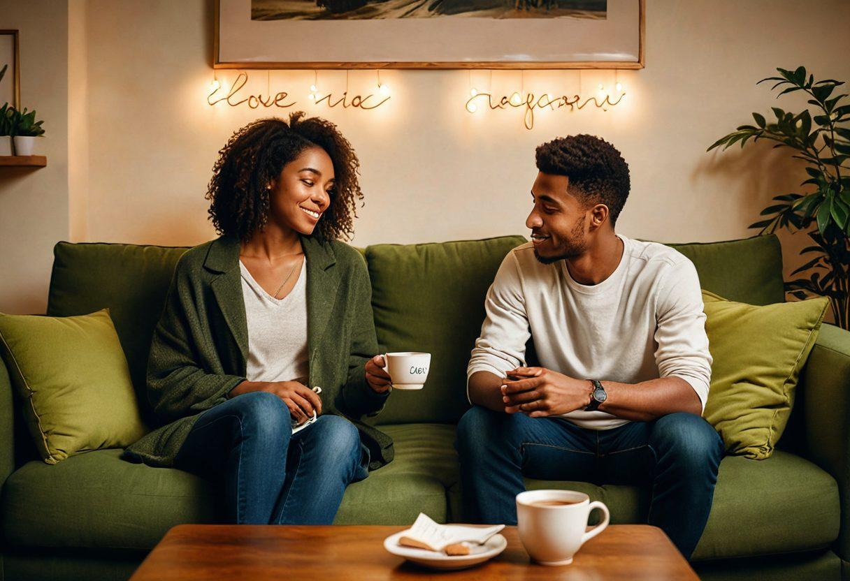 A heartfelt scene of two people sitting on a cozy couch, engaged in a deep conversation with warm light illuminating their faces. Around them are symbolic elements like love letters, a small plant representing growth, and a cup of tea to enhance intimacy. The background is softly blurred, focusing on their connection. super-realistic. warm colors. soft lighting.