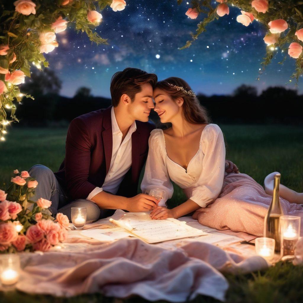A dreamy scene depicting a couple sharing a tender moment under a starry sky, surrounded by soft glows of fairy lights. Incorporate elements like handwritten love letters, a picnic setup with vintage wine glasses, and blossoming roses around them. The atmosphere should evoke warmth and romance, capturing the essence of cherished moments and gestures in love. watercolor style. warm colors. soft focus.